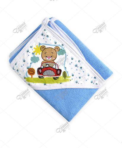 Уголок детский махровый голубой с печатью "МИШКА НА МАШИНКЕ"