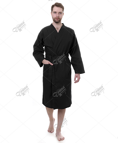 Мужской вафельный черный халат кимоно
