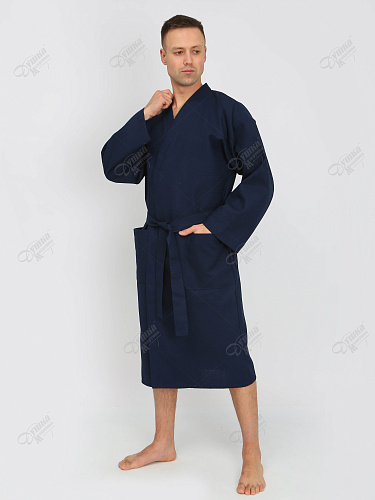 Мужской вафельный синий халат кимоно