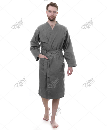 Мужской вафельный серый халат кимоно