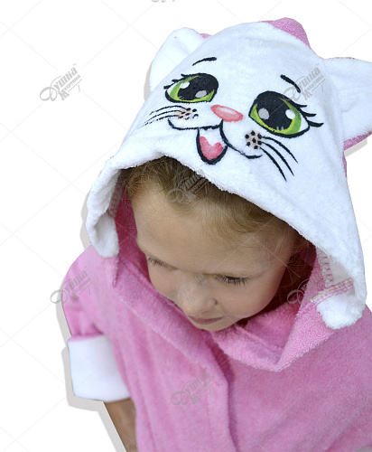 Махровый детский c капюшоном и печатью "Кошечка" розовый